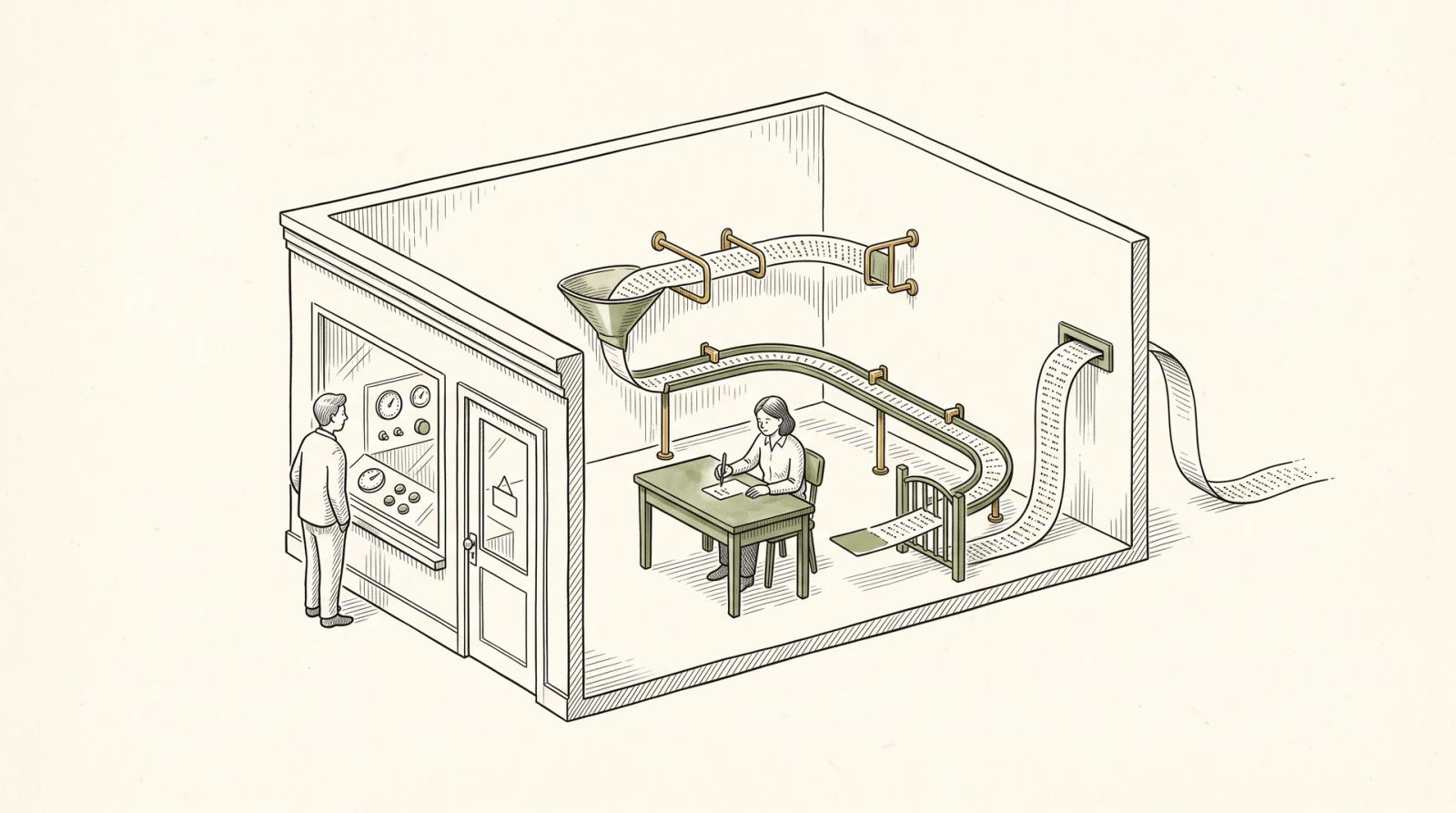 Ink and watercolor cutaway of a small workshop: a person looks in through the front window at dials and buttons, while a long paper ribbon of text feeds through a back slot, along guides and a gate, to a desk where another person signs a single card.