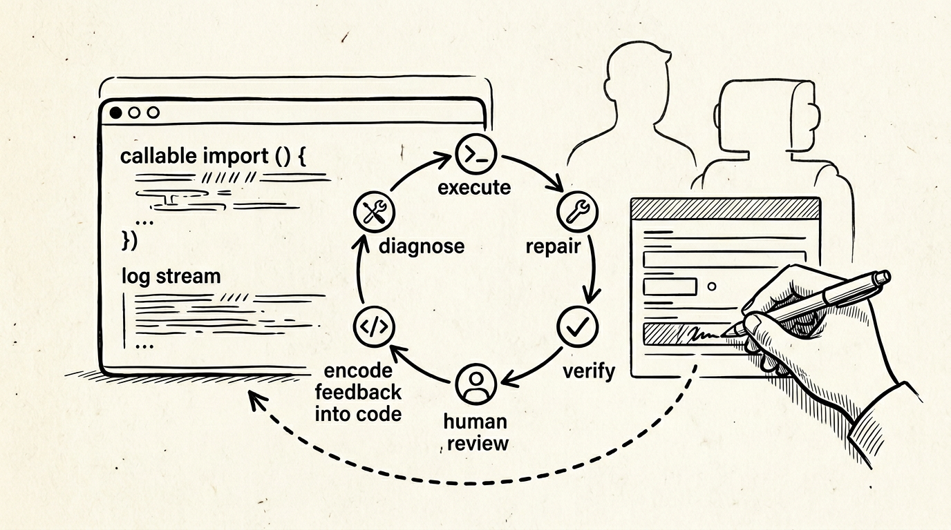 Ink line drawing on cream paper: a code terminal, a circular human-and-agent workflow loop, and a hand correcting a form that feeds back into code—black ink with cross-hatched shadows.