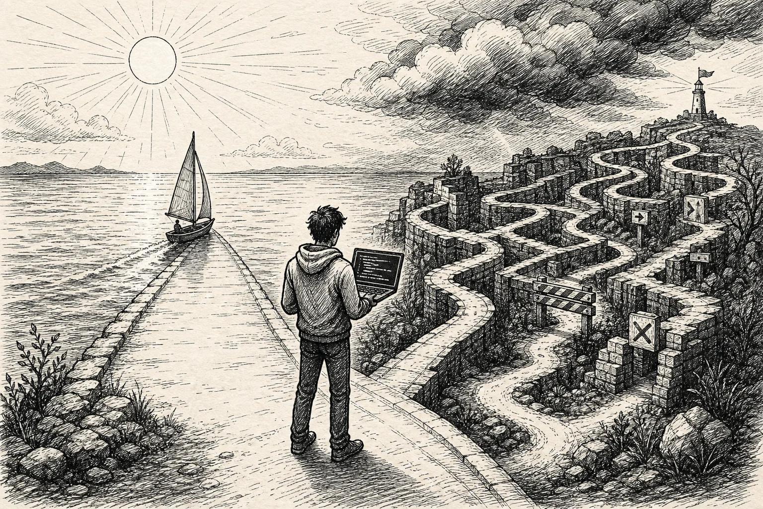 Ink line drawing on cream paper: a developer at a fork between a calm sailing path and tangled alleyways, with sun and cloud above and abstract code on a laptop.