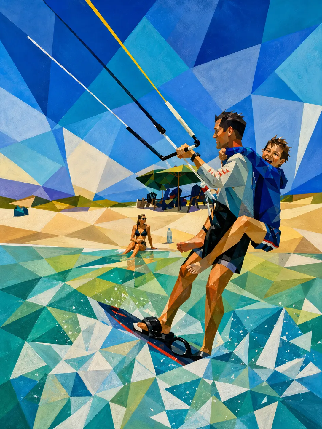 Watercolor of Daniel kitesurfing with his son on a sunny day in Miami